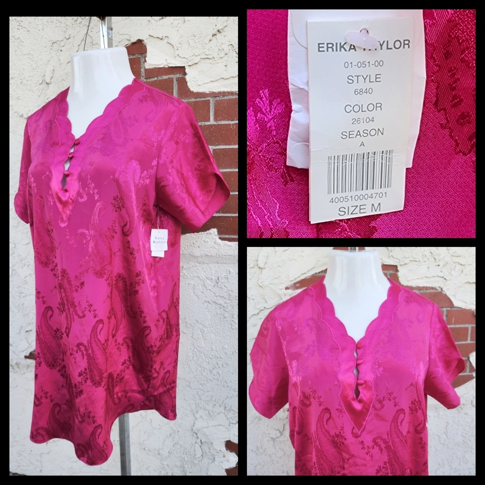New MEDIUM Erika Taylor Satin Paisley Pink Nightgown Sleep Dress Short Sleeve